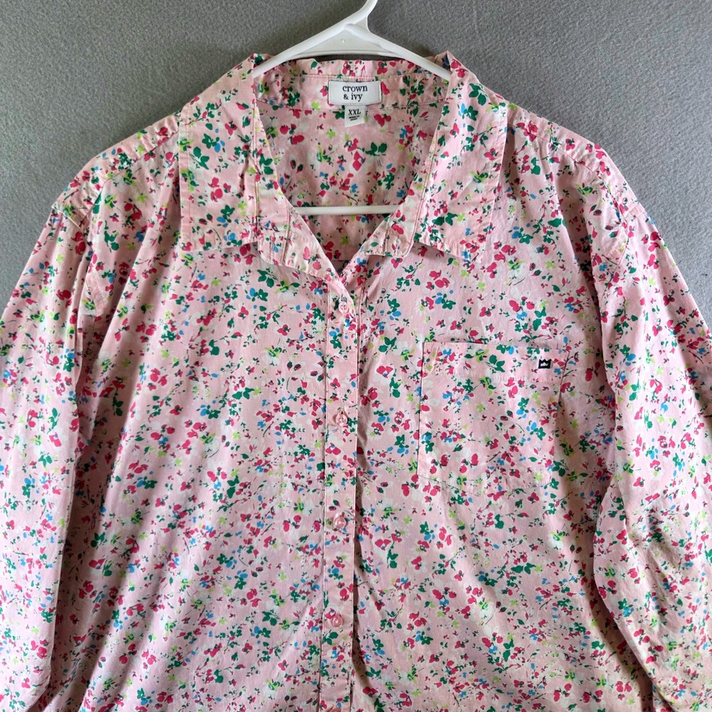Crown & Ivy XXL Pink Ditsy Floral Long Sleeve Button Down Shirt Cotton Stretch
